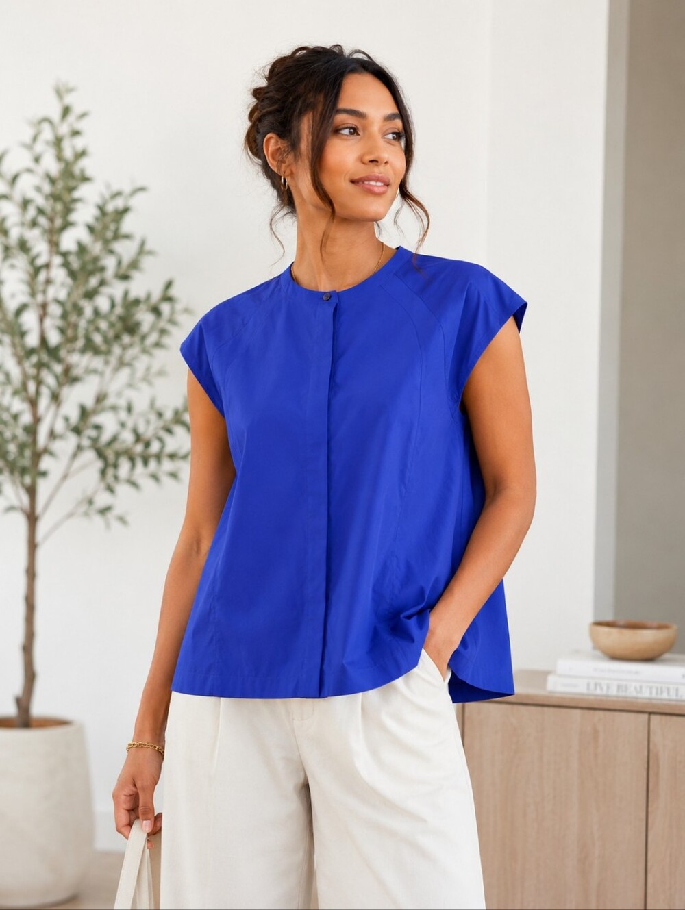 Athleta Royal Blue Cap-Sleeve Button-Down Top